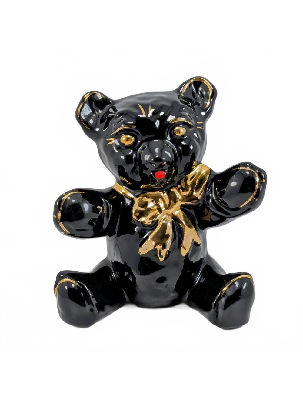 40s Pearl China Ceramic Teddy Bear Bank Black & Gold